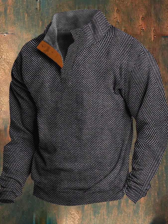 Men's Western Vintage Jacquard Herringbone Design Stand Collar Button Sweatshirt (Non-Print)