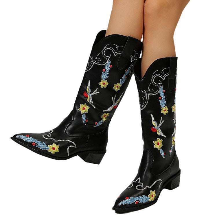 Womens Cowboy Flower Embroidery Casual High Western Boots