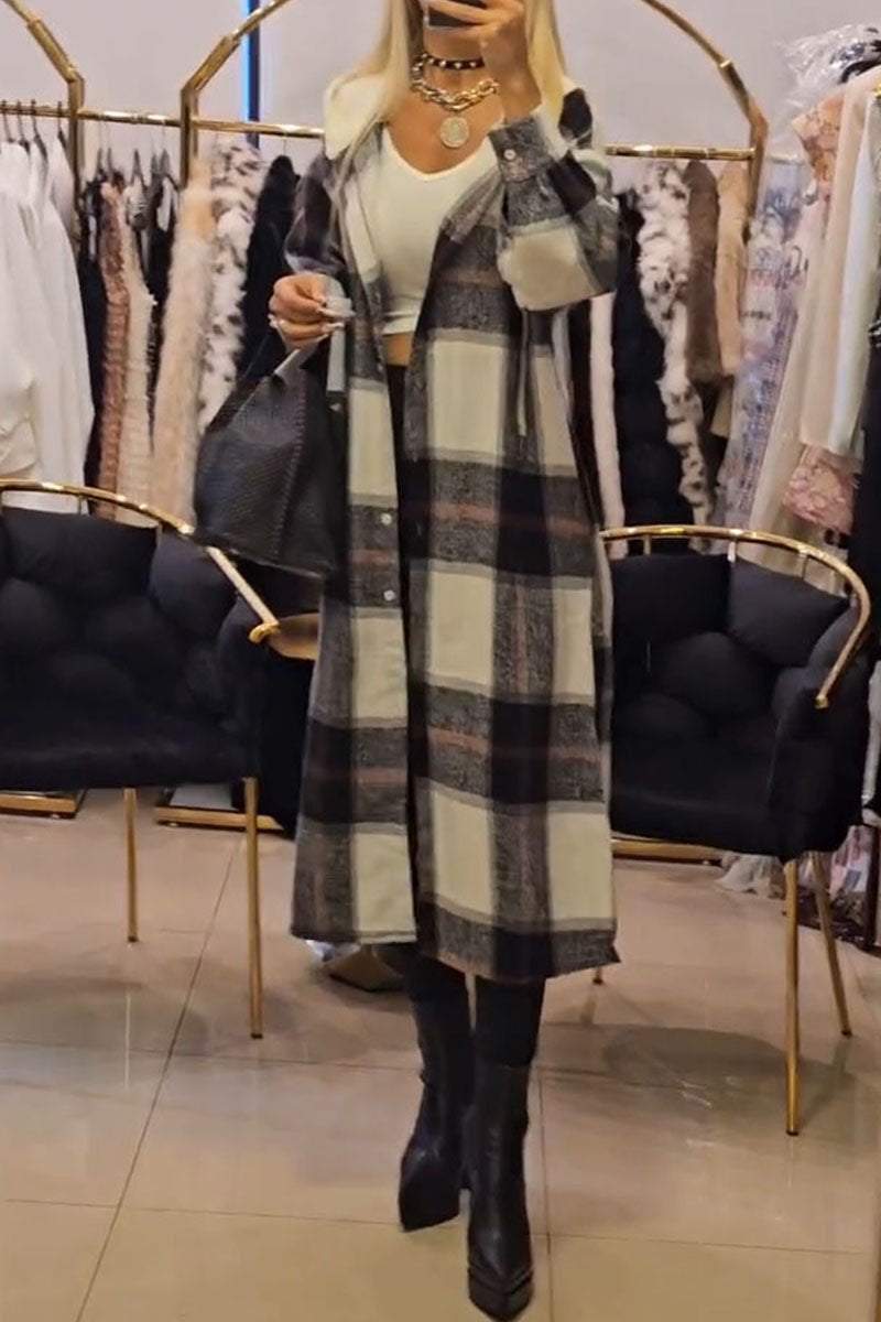 Women's Hooded Checkered Long Coat