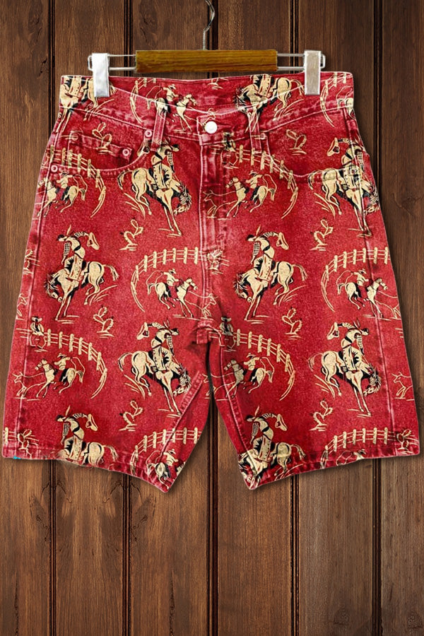 Red Rodeo Print Casual Denim Shorts