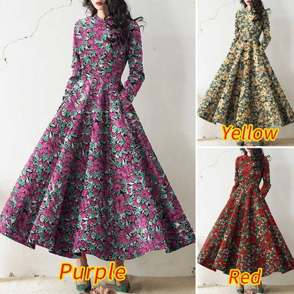 Long Sleeve Round Neck Pocket Print Temperament Long Dress