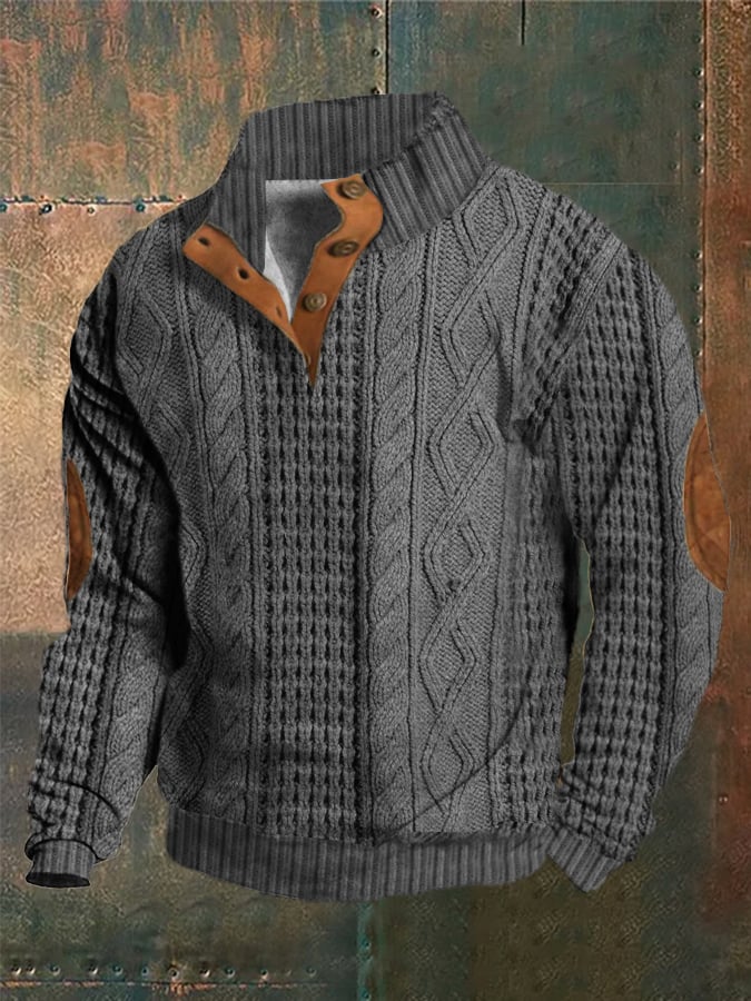 Men's Western Vintage Knitted Jacquard Print Stand Collar Button Sweatshirt