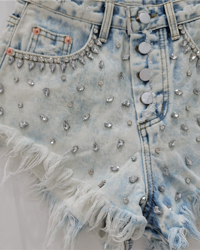 Rhinestone Beaded Fringed 3-Quarter Denim Shorts