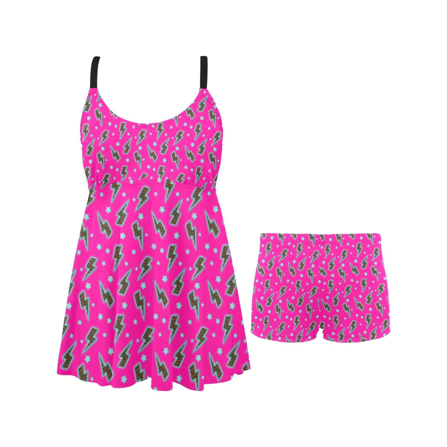 Pink Lightning Bolt Swim Dress & Shorts Set