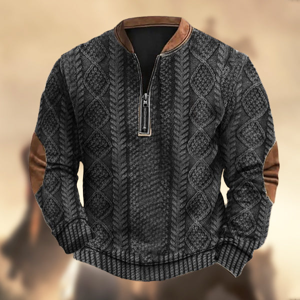 Men's Vintage Western Knit Print Zipper Stand Collar Casual Sweatshirt