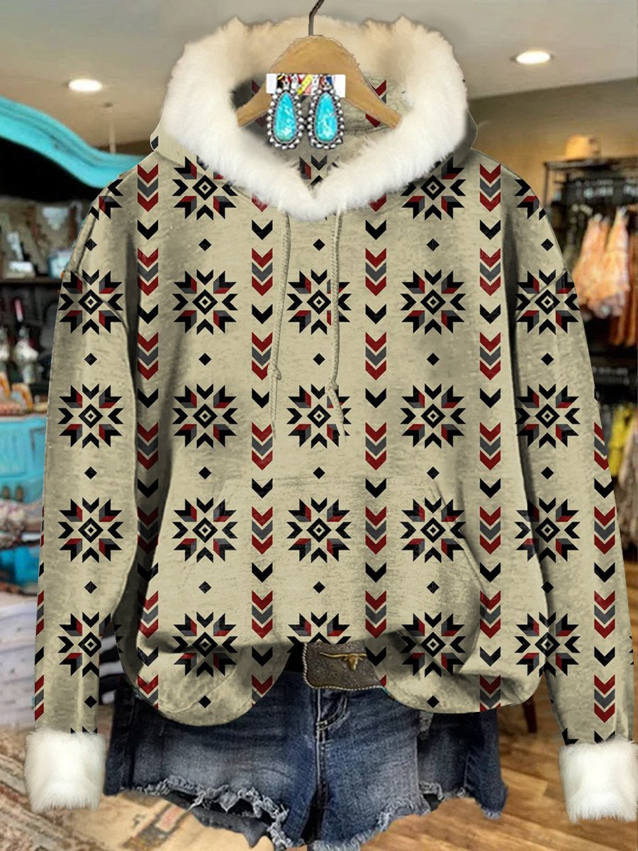 Khaki Vintage Aztec Print Imitation Rabbit Fur Trim Casual Hoodie Sweatshirt