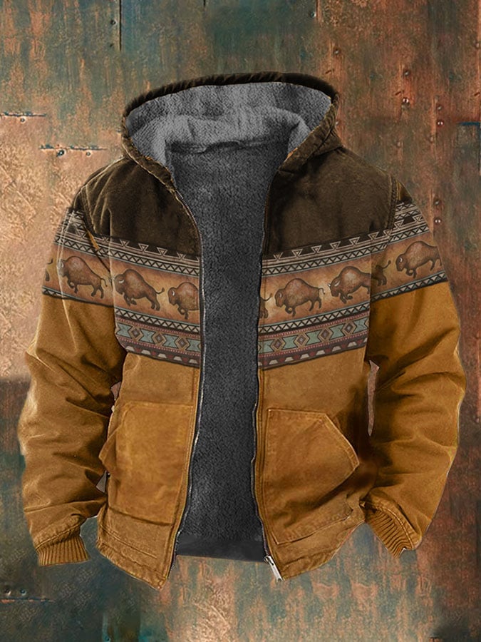 Men's Retro Western Print Velvet Zip Outerwear