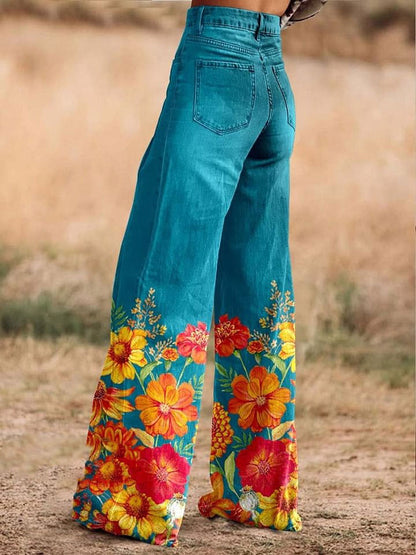 Women's Flower Print Casual Wide Leg Pants