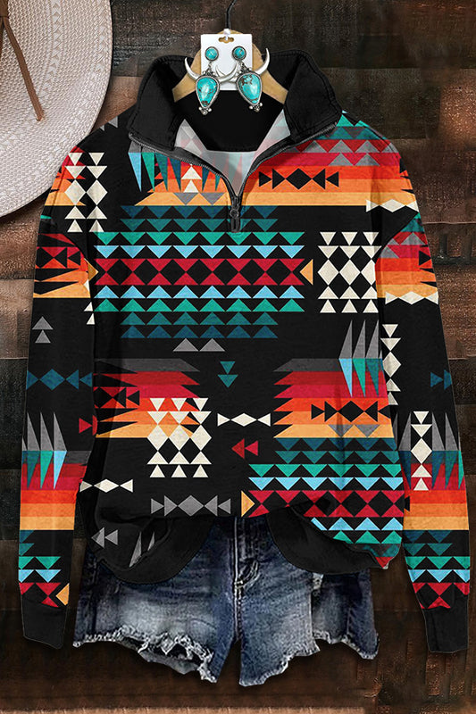 Contrast Color Aztec Zipper Sweatshirt