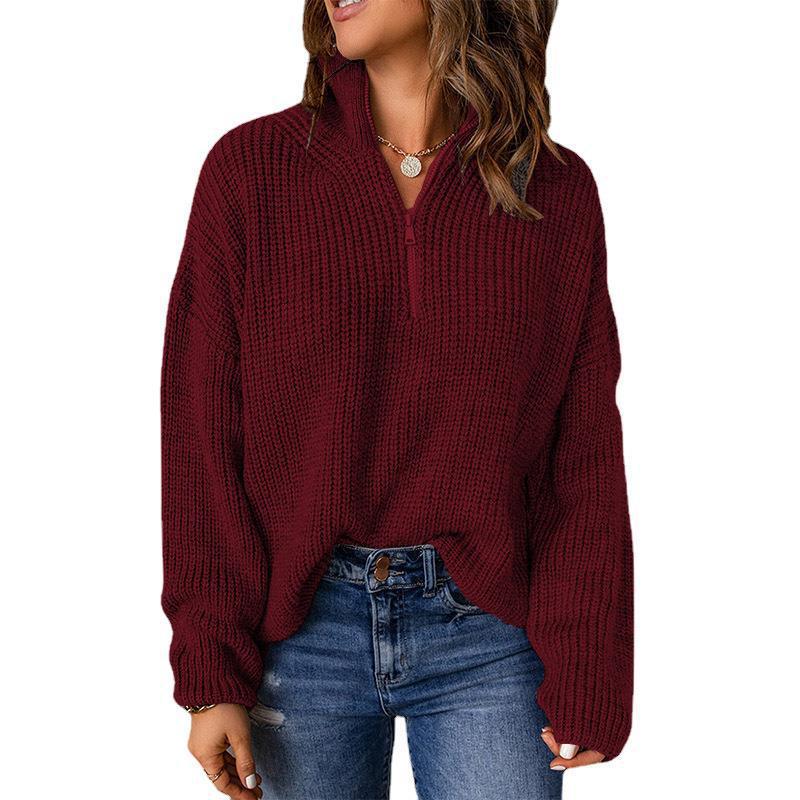 Half Open Collar Long Sleeve Tops Women Autumn And Winter Solid Color Loose High Collar Pullover Sweater