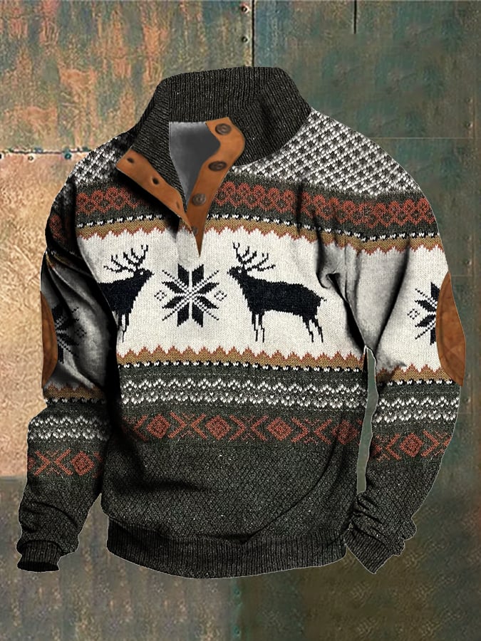 Men's Retro Western Knitted Print Stand Collar Sweatshirt