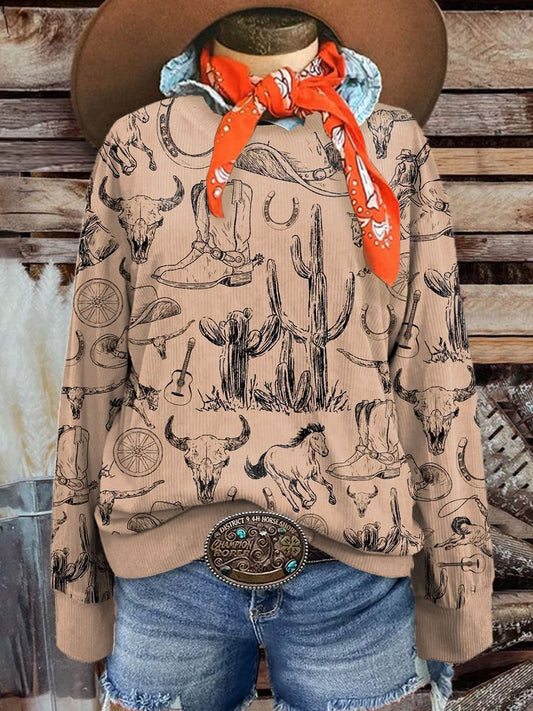 Women's Vintage Cowgirl Art Print Corduroy Sweatshirt