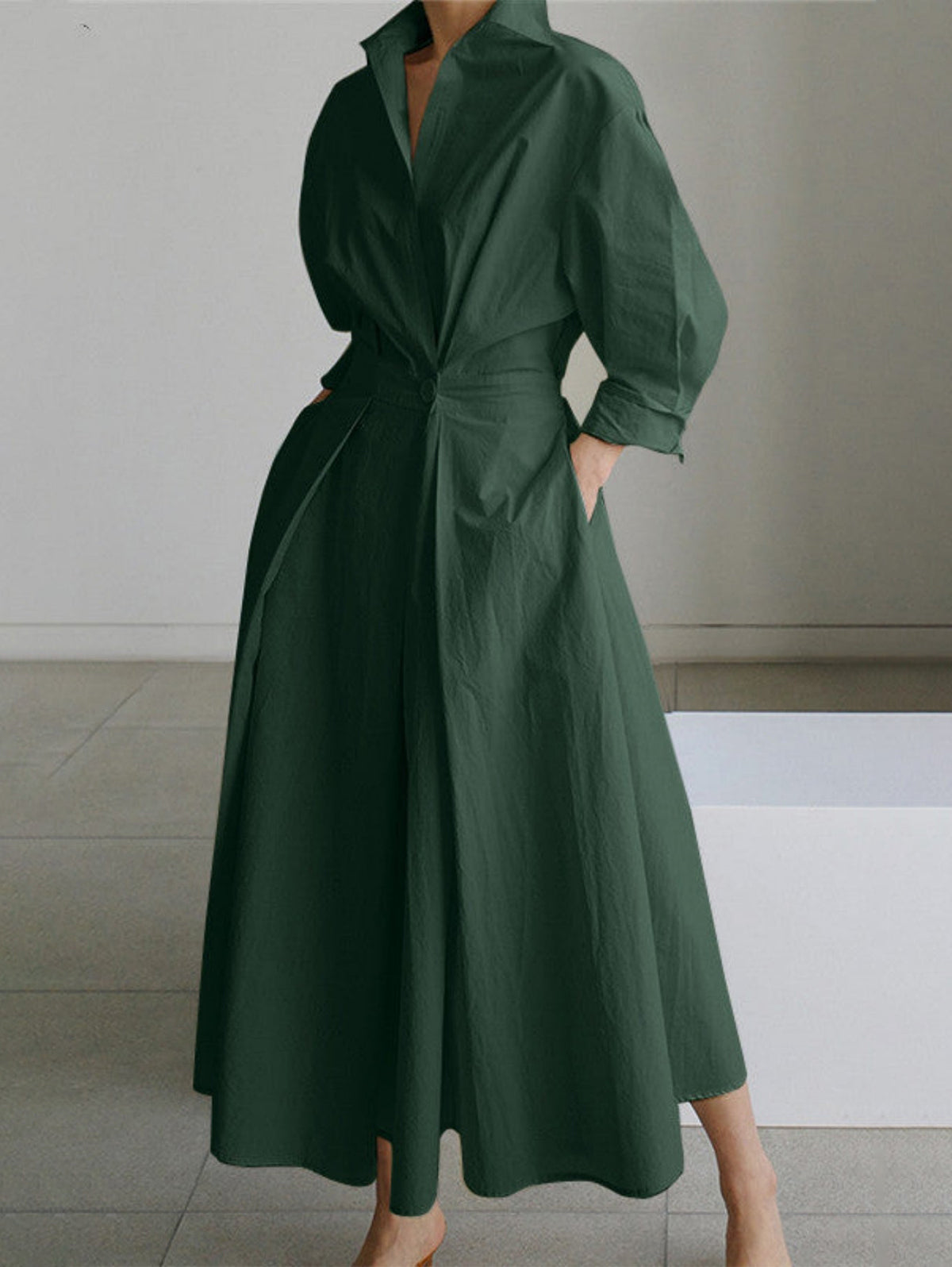 Elegant Pocket Button Lapel Collar Fold Solid Midi Dress