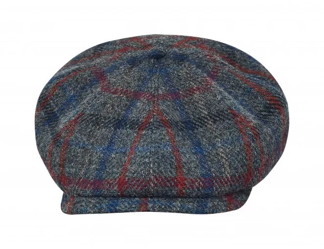 PEAKED CAPS SHELBY - HARRIS TWEED Genuine Scottish Harris Tweed 8 Panels Man Cap Grey-Blue-red