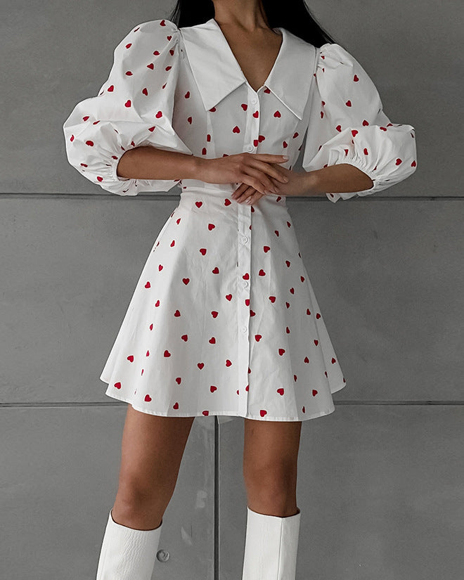 Cotton And Linen Puff Sleeve High Waist Love Printed Skirt Dress