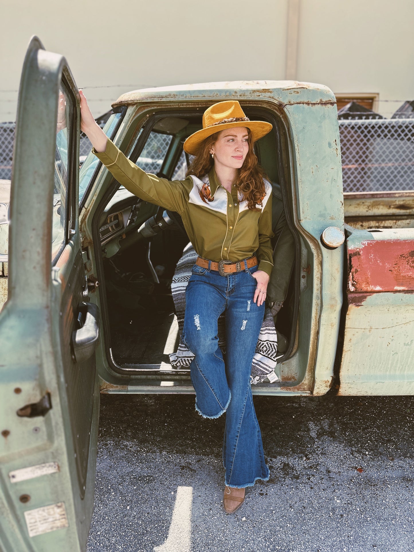 Back in the Saddle Again Horse Pearl Snap Button Up Blouse