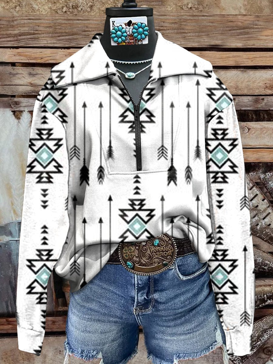 White Vintage Aztec Print Cozy Plush Sweatshirt