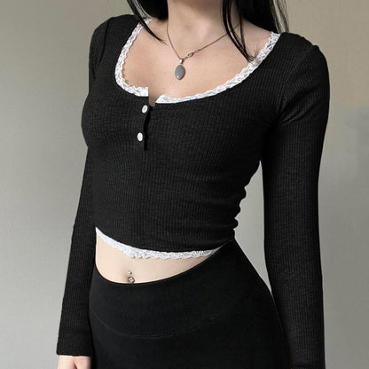 Design Lace U-neck Long-sleeved T-shirt Autumn New Knitted Short Top