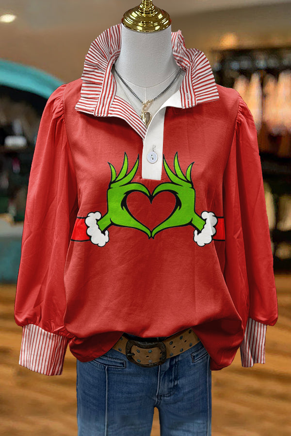 Classic Christmas Grinch Print Puff Sleeve Blouse