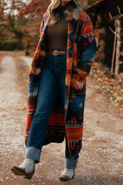 Aztec Printed Lapel Long Jacket