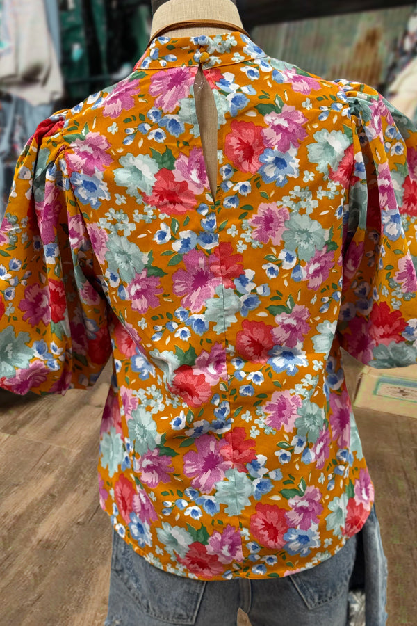 Colorful Floral Print Puff Sleeve Top