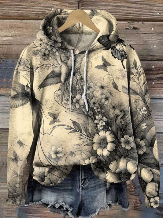 Ink Flower and Bird Art Print Casual Hoodie Sweatshirt