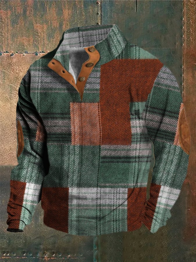 Men's Western Vintage Patchwork Graphic Print Stand Collar Button-Down Sweatshirt