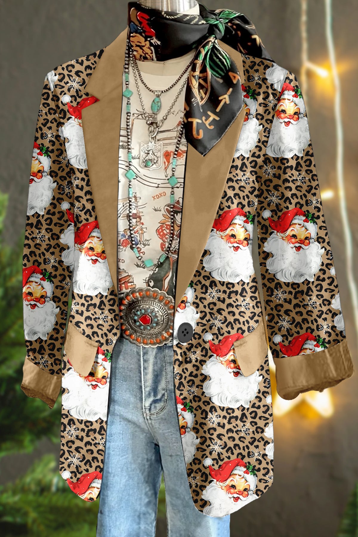 Classic Christmas Santa Print Long Sleeve Blazer