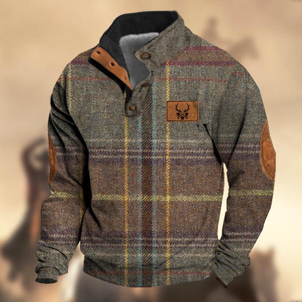 Men's Vintage Country Western Hunting Elk Reddish Brown Wool Plaid Print Stand Collar Sweatshirt