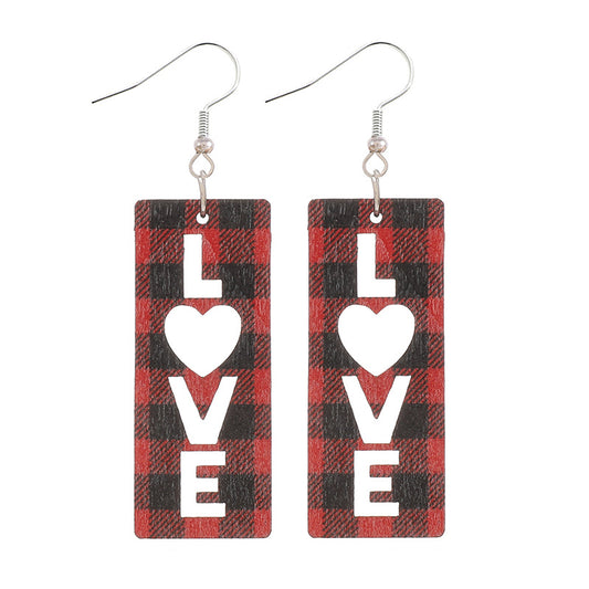 Chic LOVE Hollow Heart Plaid Wooden Earrings