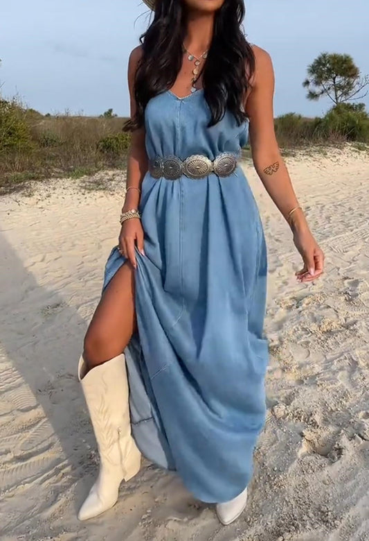 V-neck Denim Long Dress