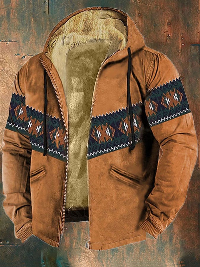 Men'S Retro Western Print Cotton Zipper Outerwear