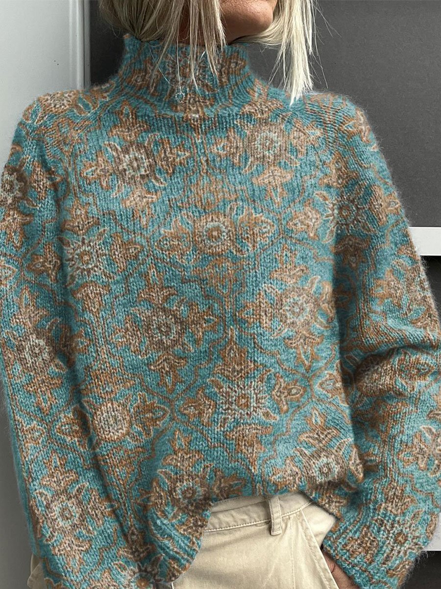 Vintage Floral Art Print Knit Turtleneck Pullover Sweater