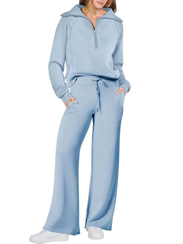 Women's casual sports suit zippered long-sleeved sweatshirt wide-leg pants two-piece set