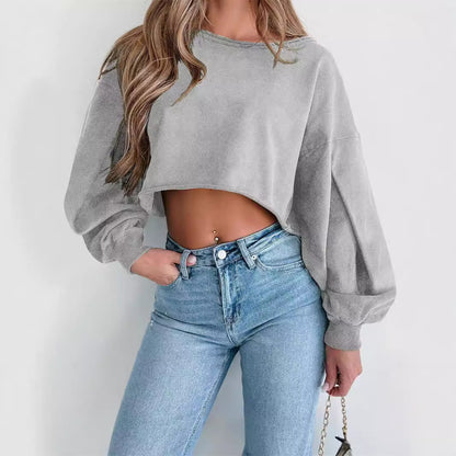 Women's Long-sleeved Navel-baring Short Curled Hem Round Neck Lantern Sleeve Sweatshirt Autumn And Winter Tops