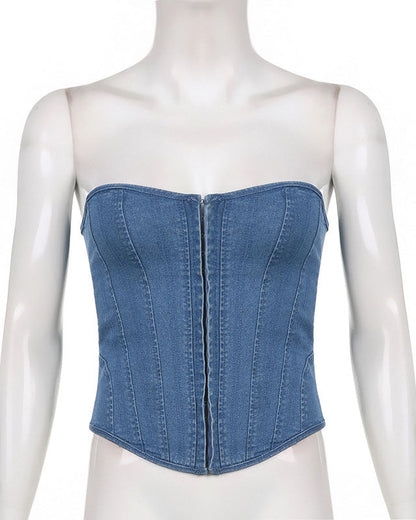 Wave Collar Herringbone Slim Fit Strap Solid Color Denim Tube Top Vest