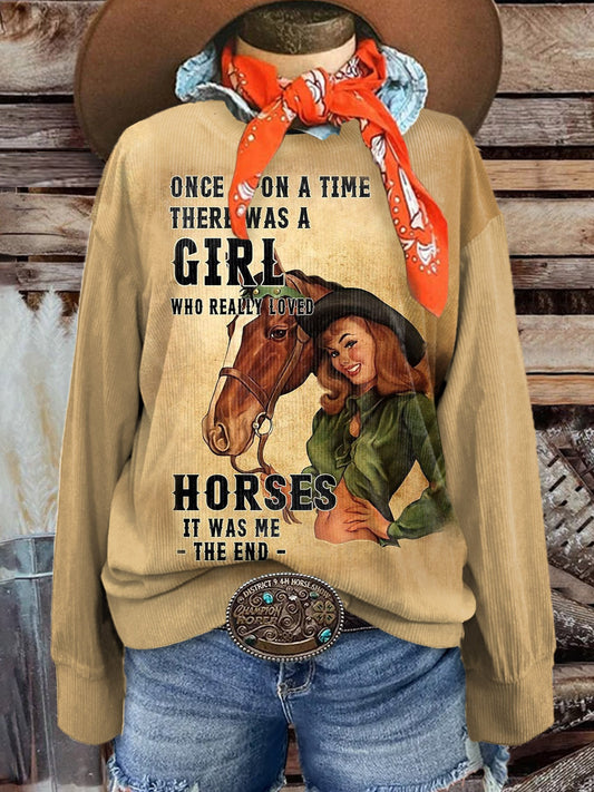 Women's A Girl Who Really Loved Horses Print Casual Corduroy Sweatshirt