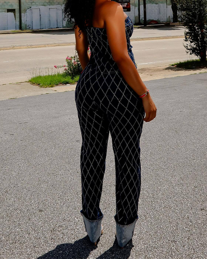 Denim Jumpsuits With Stained Diamonds