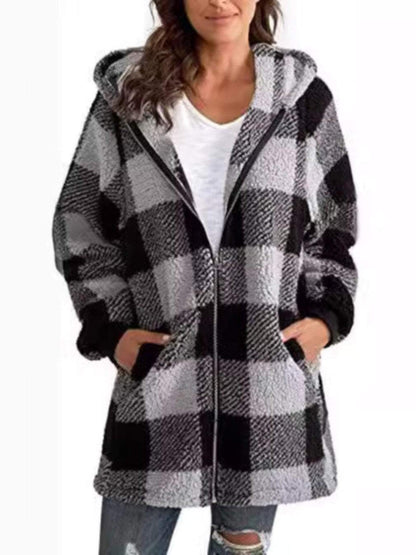 Women's Casual Long Sleeve Plaid Hooded Zip Jacket