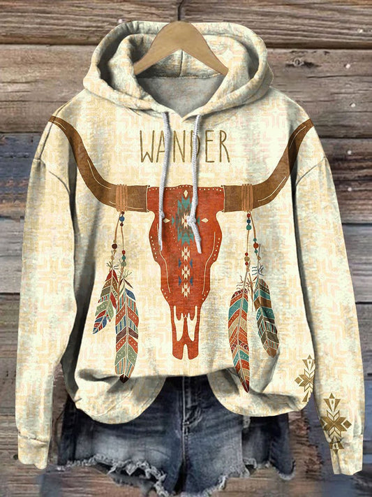 Vintage Cow Bone Feather Art Print Casual Sweatshirt