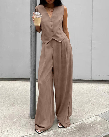 V Neck Sleeveless Vest Mid Rise Slim Wide Leg Pants Two Piece Set