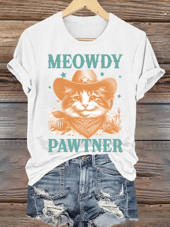 Women's Western Style Retro Cowboy Cat Printed Round Neck Short Sleeve T-Shirt