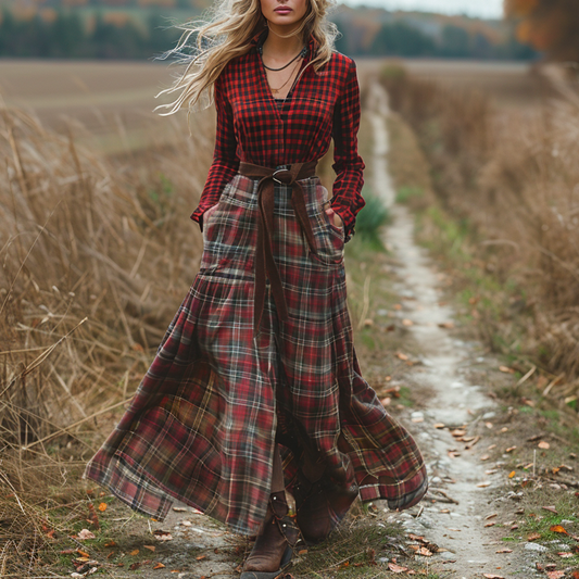 Retro V-neck Plaid Women's Long-sleeved Long Skirt Country Pastoral Retro Dress