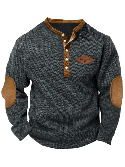 Men's Retro Herringbone Fabric Henley Elbow Patch Color Block Western Sweatshirt