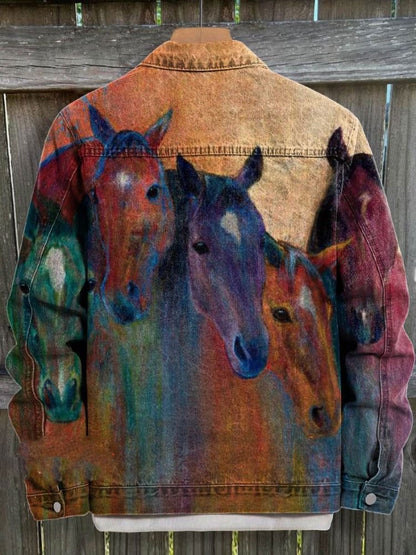 Retro Gradient Horse Art Print Casual Denim Jacket