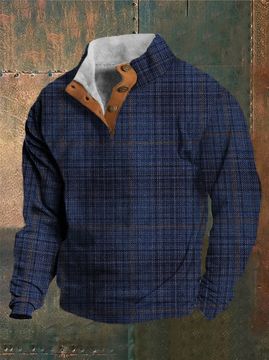 Men's Western Vintage Plaid Print Stand Collar Button Sweatshirt