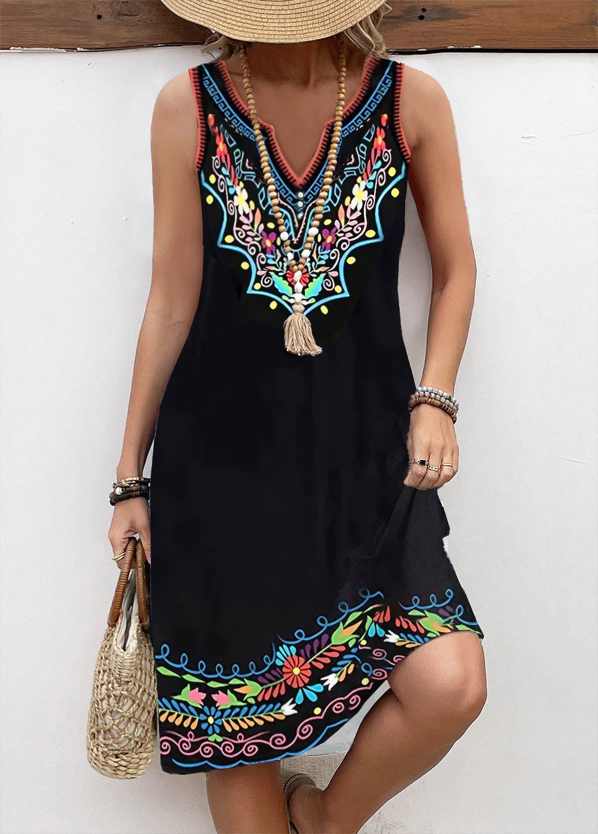 Breathable Tribal Print Black A Line Split Neck Dress