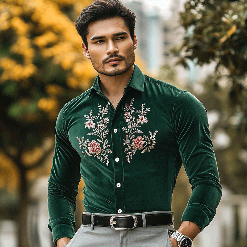 Men's Regular Fit Crushed Embroidery Emerald-green Velvet Shirt