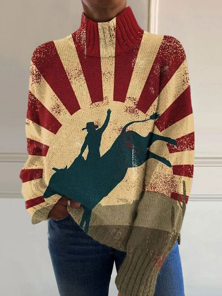 Retro Abstract Cowboy Bullfight Print Knit Turtleneck Pullover Sweater