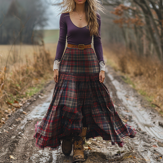 Women's Retro Plaid V-neck Long-sleeved Long Skirt Pastoral Style Dress